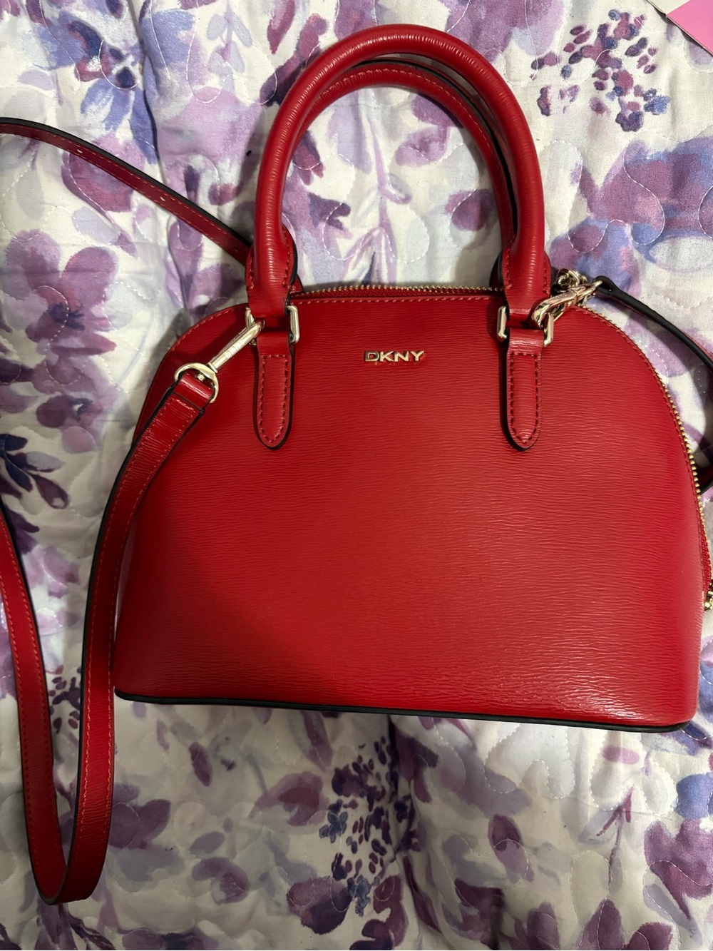DKNY Red Dome Satchel Crossbody with Gold Hardware